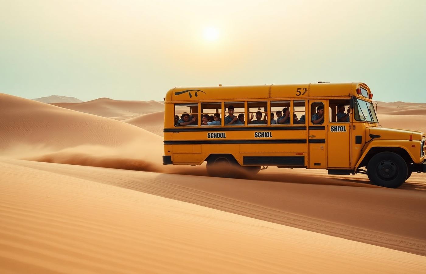 A school bus crossing the dunes